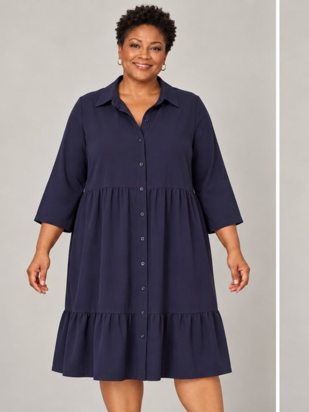 Navy Blue Button Front Collared Tiered Three Quarter Sleeve Dress